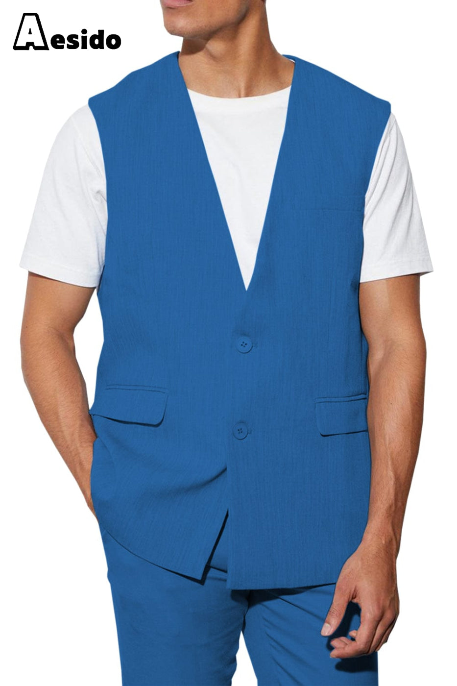 aesido 2 Piece Casual V Neck Double Button Vests (Vest+Pants)