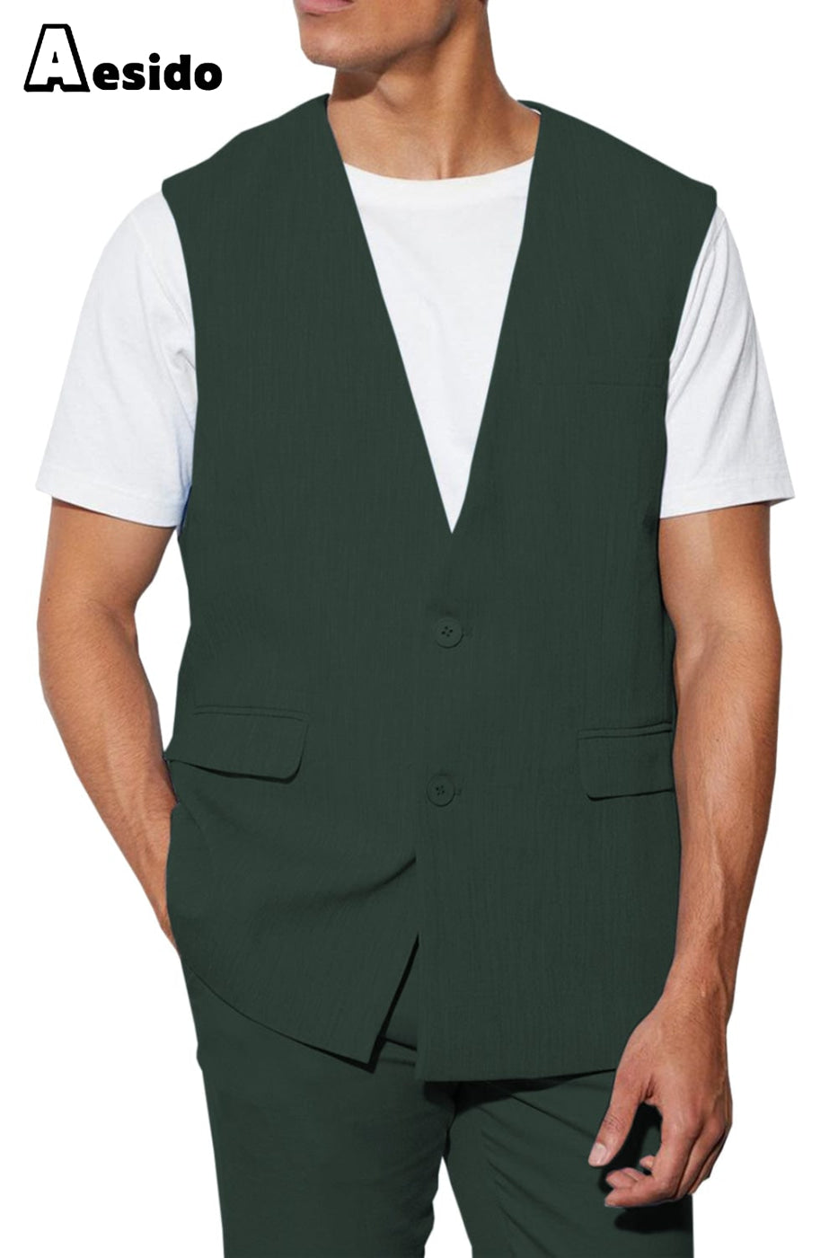 aesido 2 Piece Casual V Neck Double Button Vests (Vest+Pants)