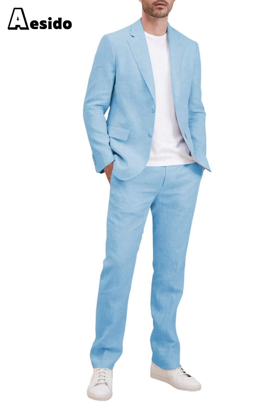 aesido 2 Piece Linen Peak Lapel Men's Suit (Blazer+Pants)