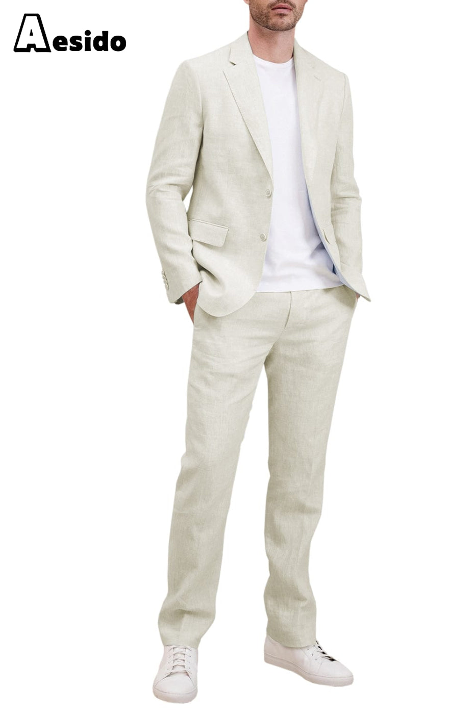 aesido 2 Piece Linen Peak Lapel Men's Suit (Blazer+Pants)