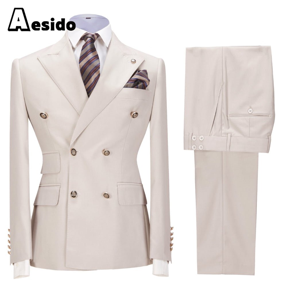 aesido 2 Pieces Business Mens Suit Slim Fit Peak Lapel Flat Blazer For Wedding (Blazer+Pants)