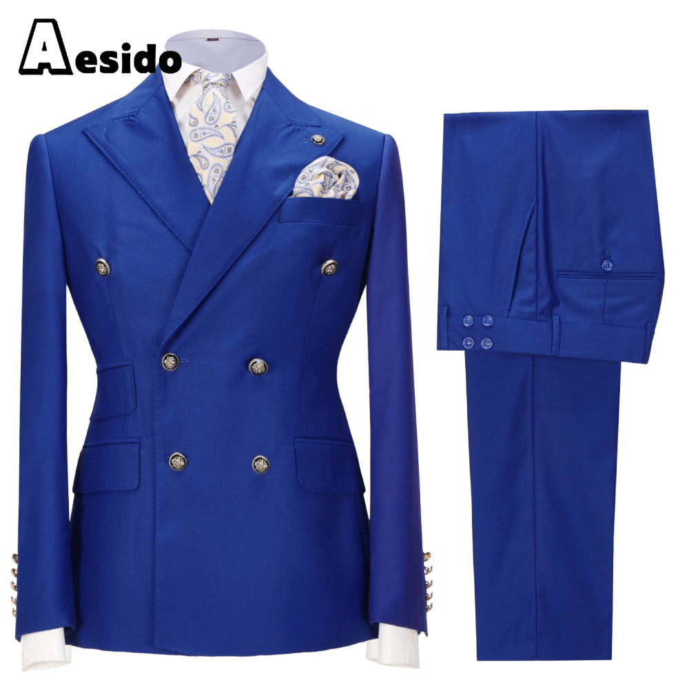 aesido 2 Pieces Business Mens Suit Slim Fit Peak Lapel Flat Blazer For Wedding (Blazer+Pants)