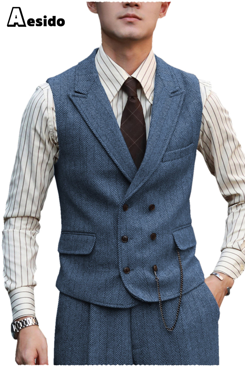 aesido 2 Pieces Double Breasted Peak Lapel Waistcoat （Vest+Pants）