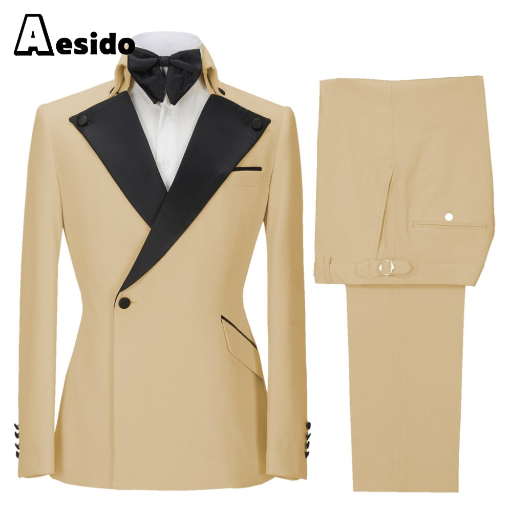 aesido 2 Pieces Single Button Peak Lapel Men Suit (Blazer+Pants)