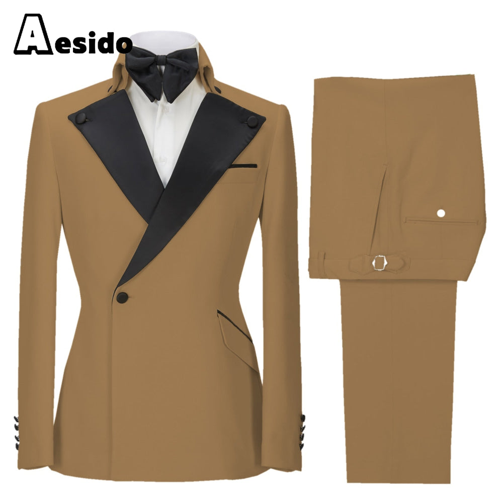 aesido 2 Pieces Single Button Peak Lapel Men Suit (Blazer+Pants)