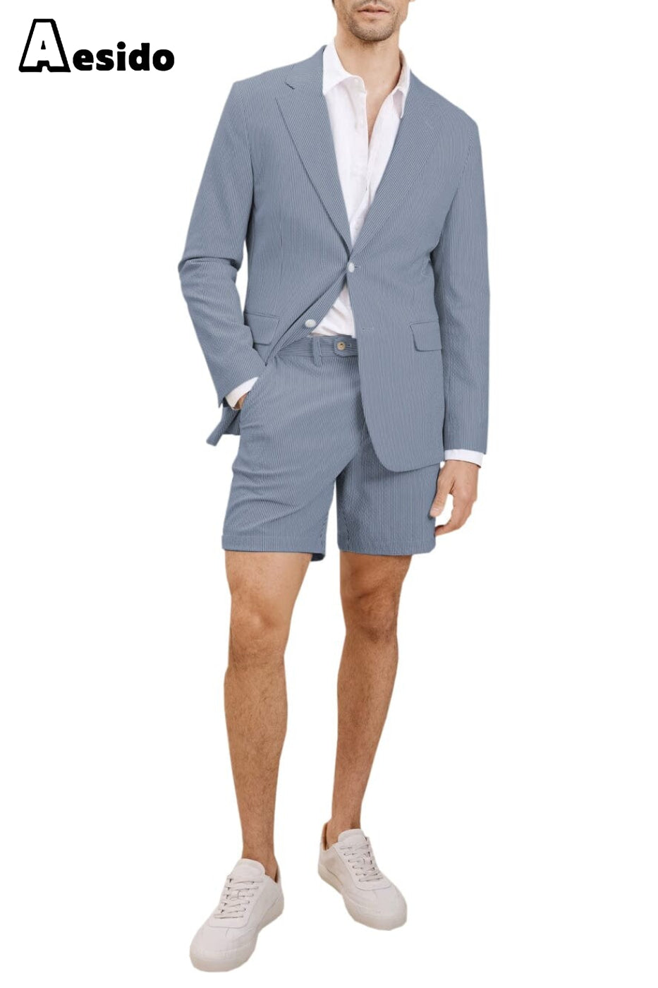 aesido 2024 New Summer Seersucker Casual Men's Suit (Blazer+Shorts)