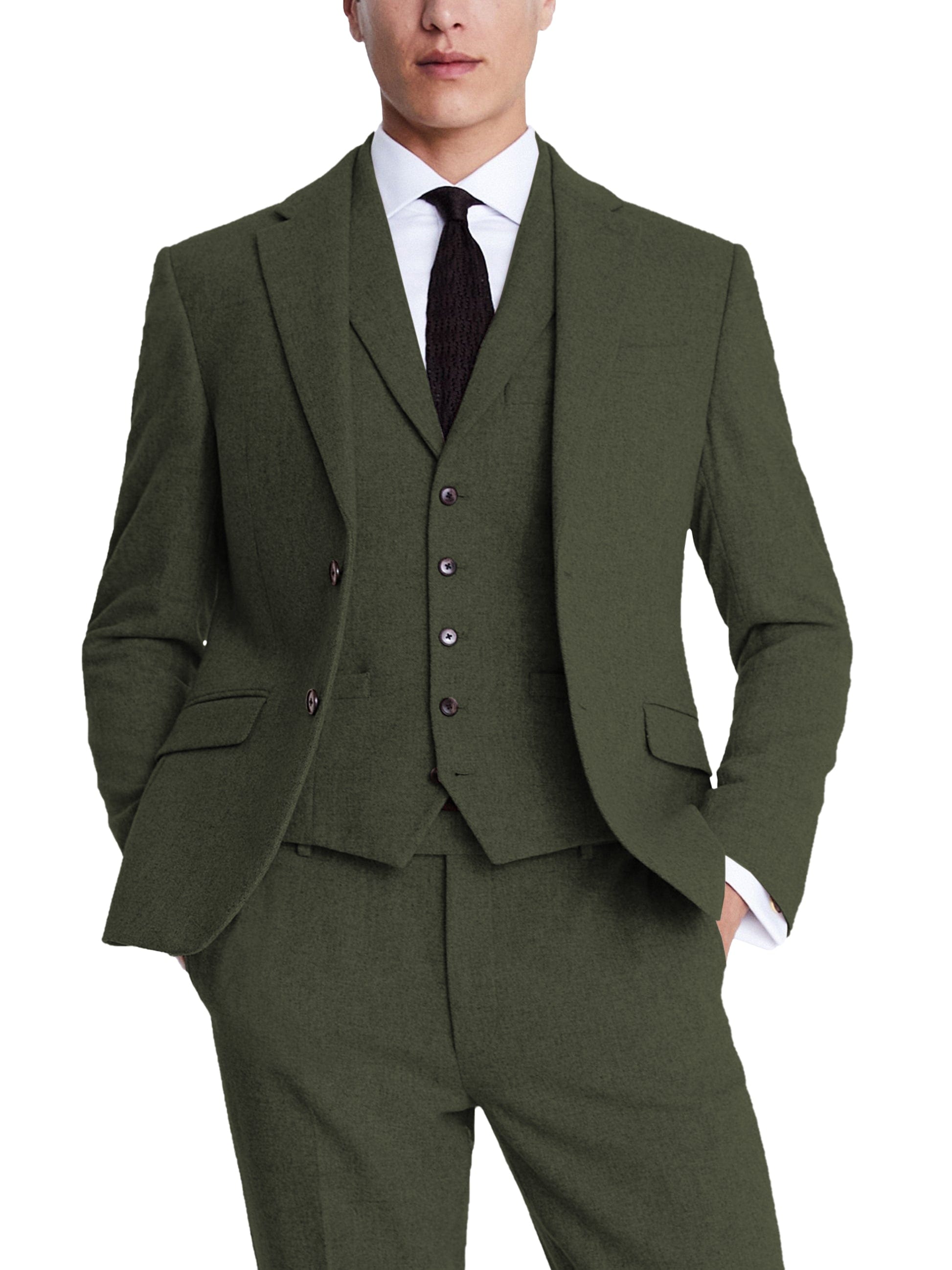 aesido 3 Piece Business Casual Double Button Notch Lapel Tweed Men Suit (Blazer+Vest+Pants)