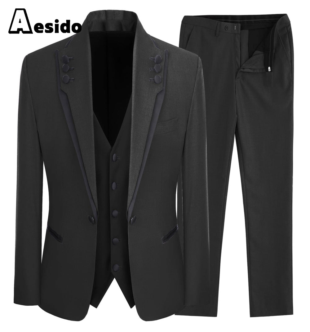 aesido 3 Piece Business Casual Shawl Lapel Men;s Suit (Blazer+Vest+Pants)