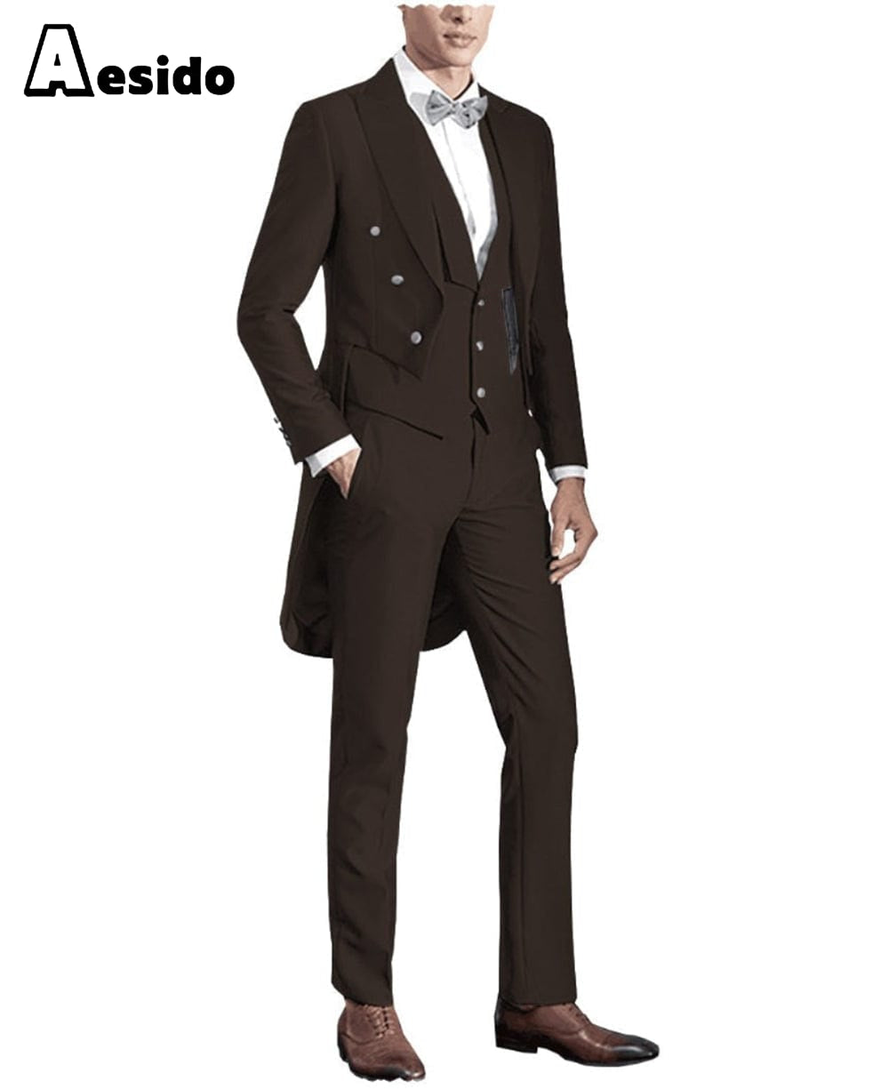 aesido 3 Pieces Business Mens Suit Regular Fit Peak Lapel Tailcoat Blazer For Wedding (Blazer+vest+Pants)