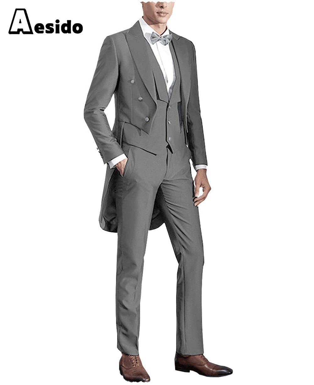 aesido 3 Pieces Business Mens Suit Regular Fit Peak Lapel Tailcoat Blazer For Wedding (Blazer+vest+Pants)