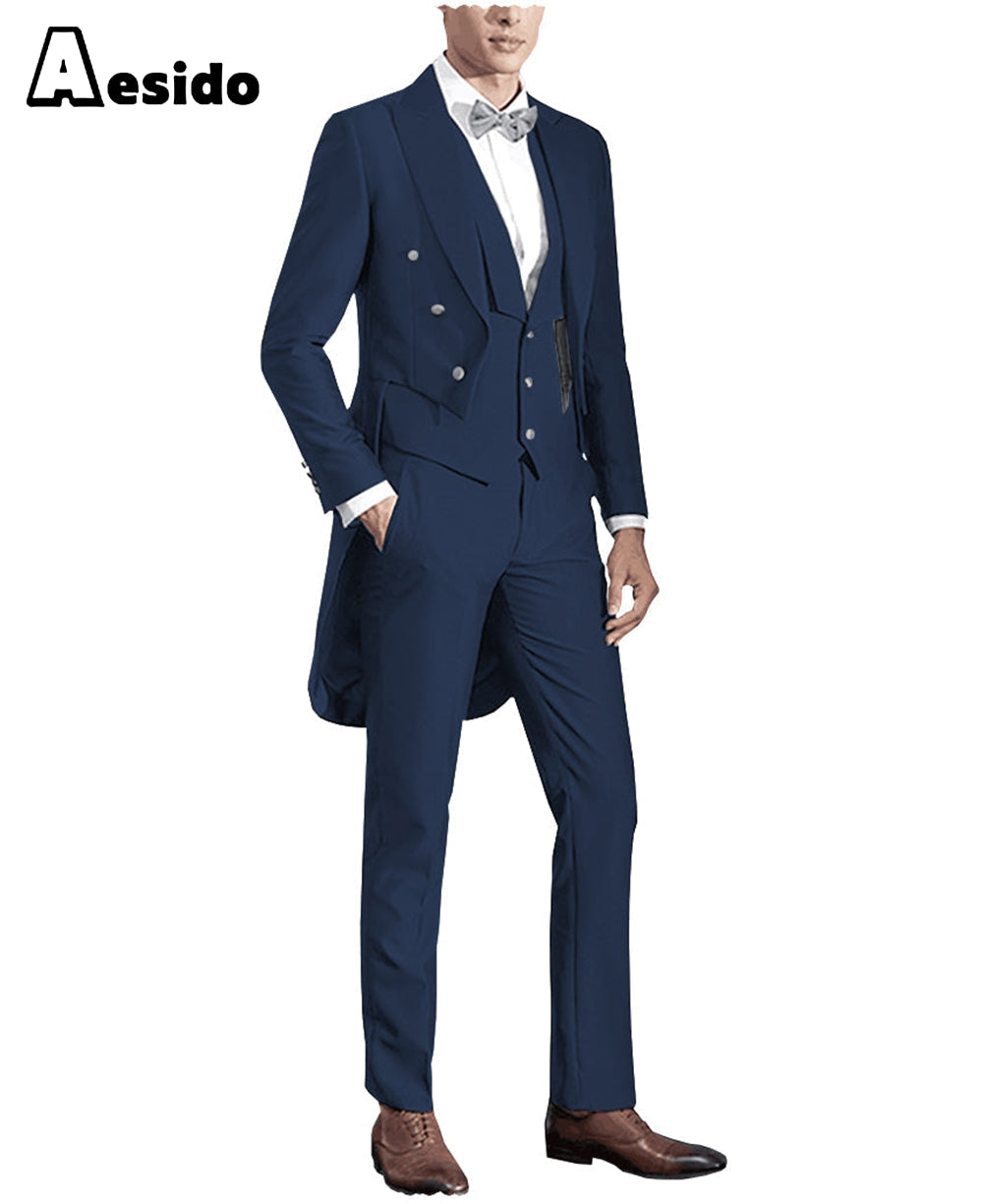 aesido 3 Pieces Business Mens Suit Regular Fit Peak Lapel Tailcoat Blazer For Wedding (Blazer+vest+Pants)