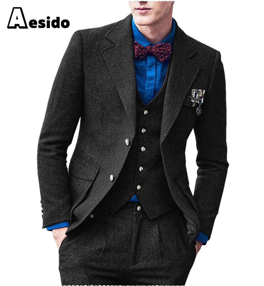 aesido 3 Pieces Double Button Notch Lape Men Suit （Blazer+Vest+Pants）