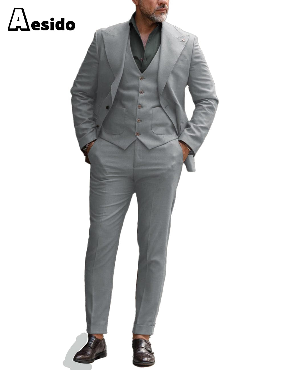 aesido 3 Pieces Mens Flat Suit (Blazer+Vest+Pants)