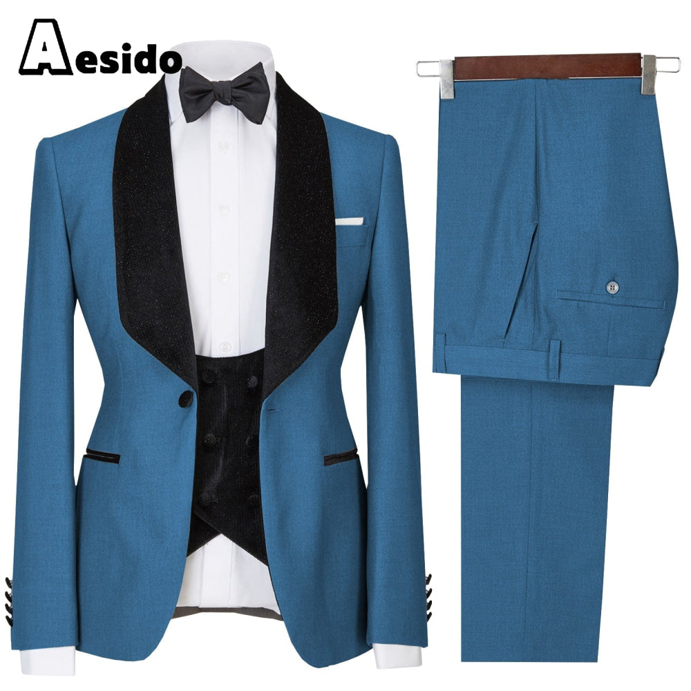 aesido 3 Pieces Mens Flat Suit Dress (Blazer+Vest+Pants)