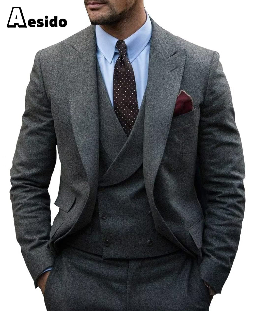 aesido 3 Pieces Mens Herringbone Suit For Wedding (Blazer+Vest+Pants)