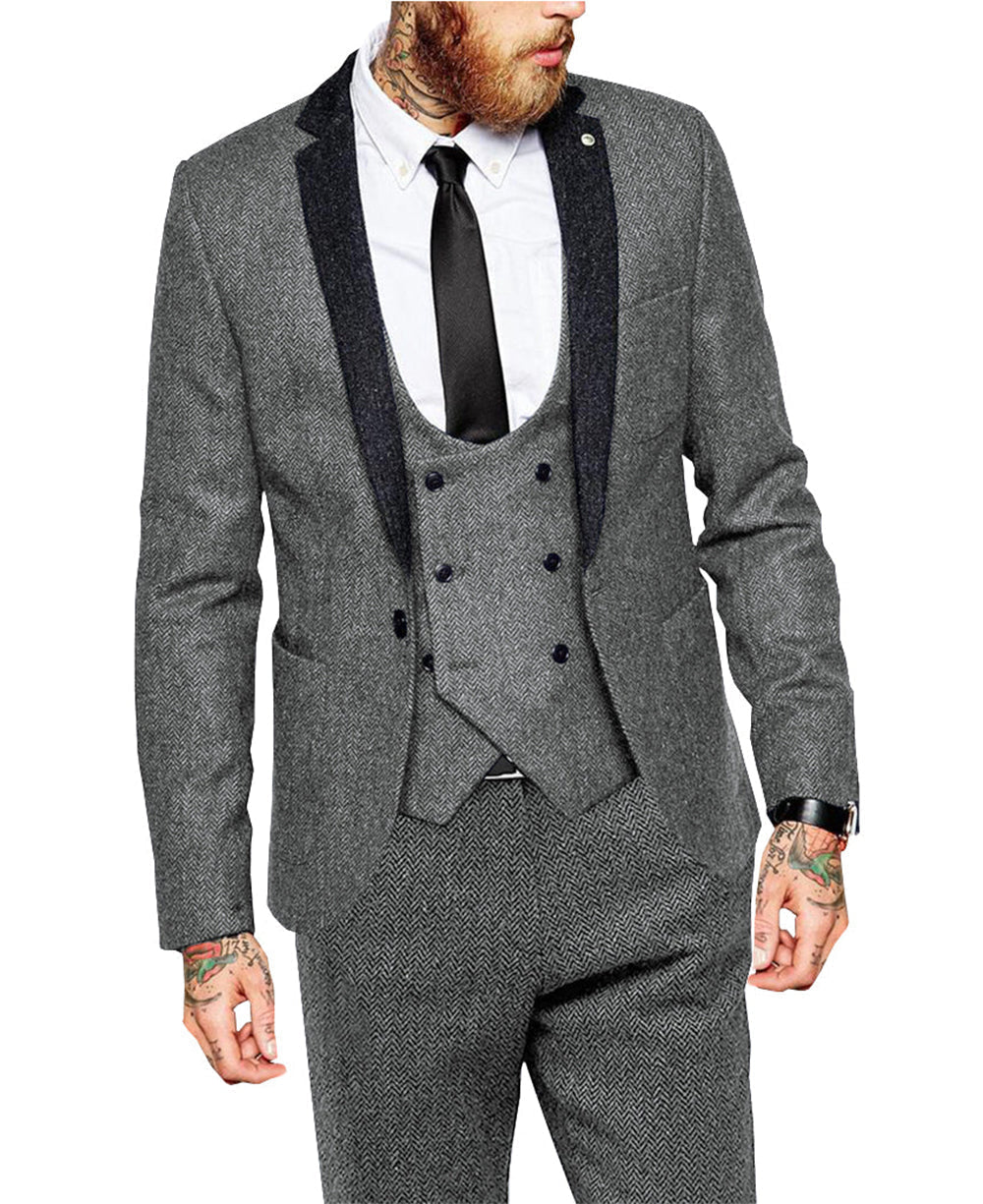 aesido 3 Pieces Mens Suit Herringbone Notch Lapel Blazer For Wedding (Blazer+vest+Pants)