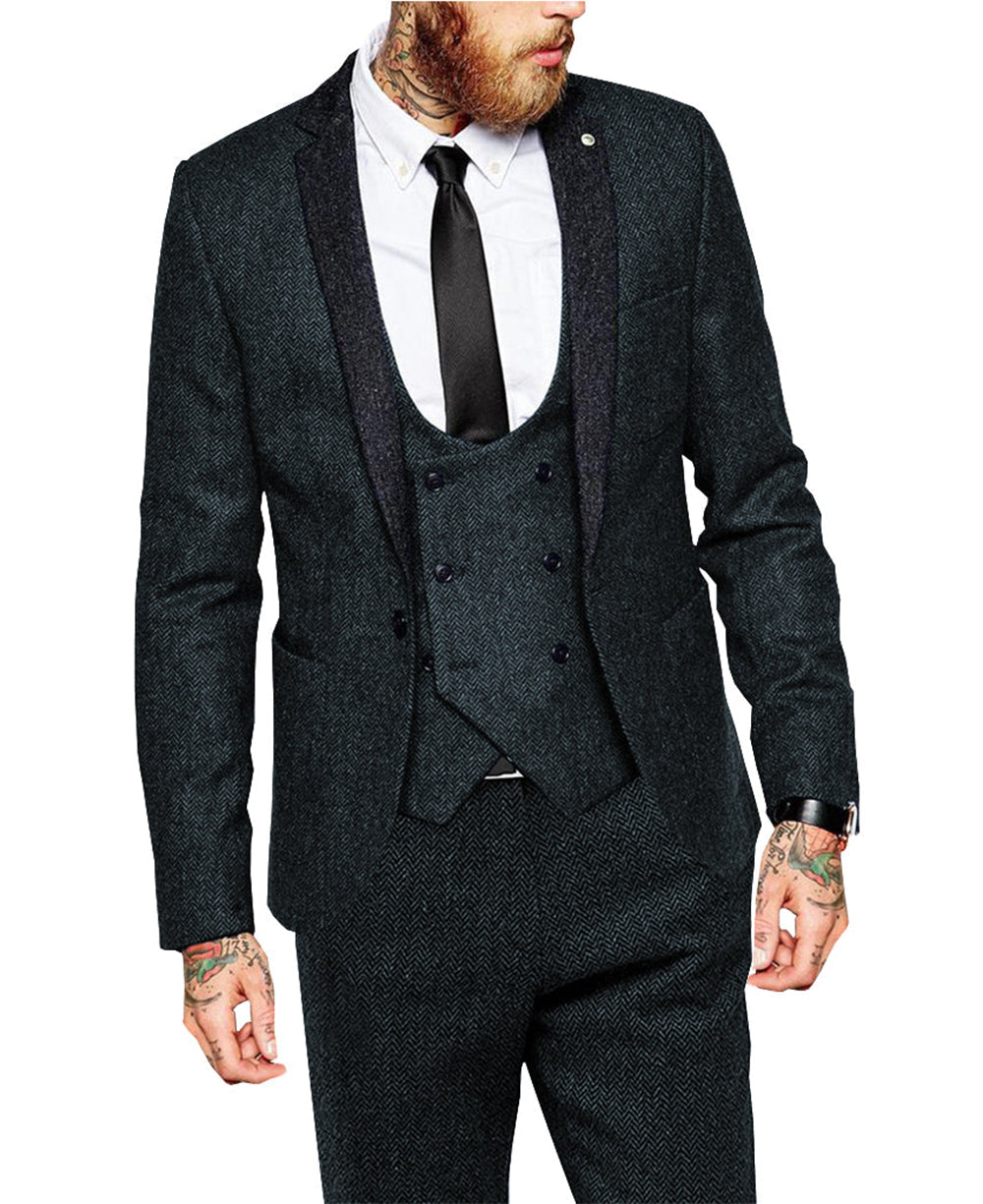 aesido 3 Pieces Mens Suit Herringbone Notch Lapel Blazer For Wedding (Blazer+vest+Pants)