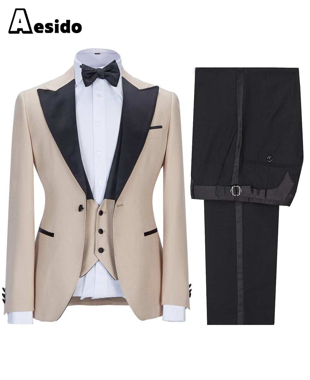 aesido 3 Pieces Peak Lapel Flat Mens Suit (Blazer+vest+Pants)