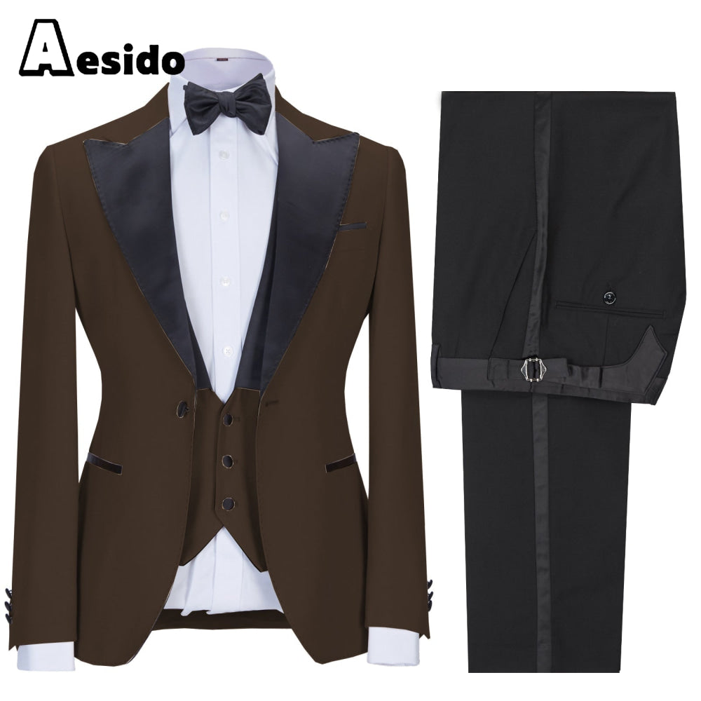 aesido 3 Pieces Peak Lapel Flat Mens Suit (Blazer+vest+Pants)