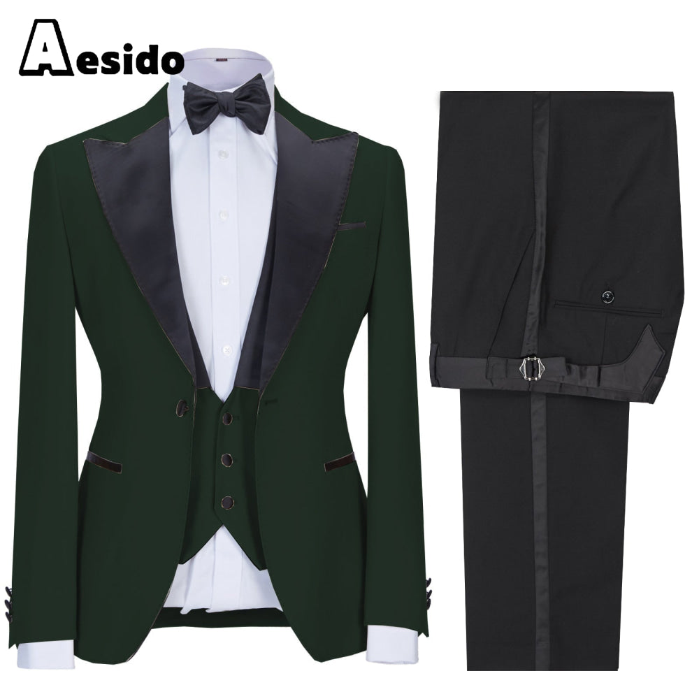 aesido 3 Pieces Peak Lapel Flat Mens Suit (Blazer+vest+Pants)