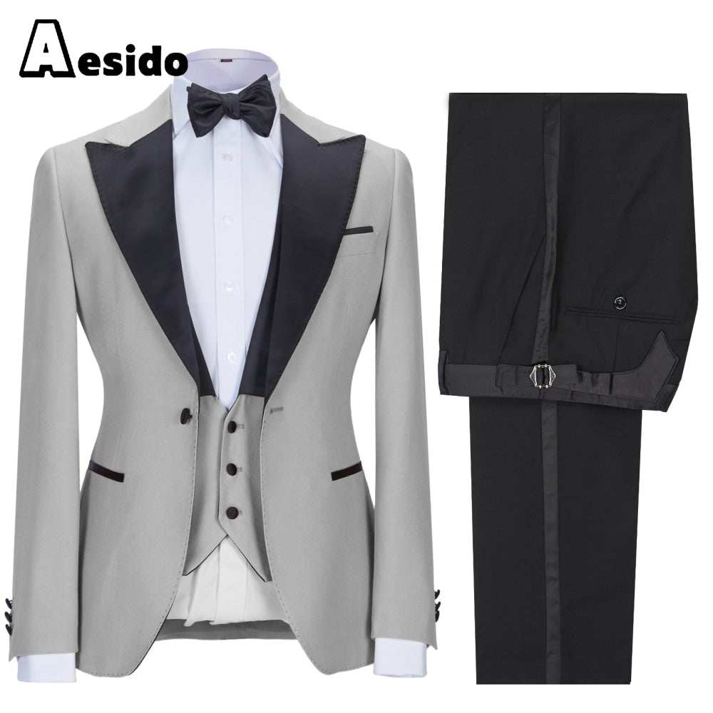 aesido 3 Pieces Peak Lapel Flat Mens Suit (Blazer+vest+Pants)