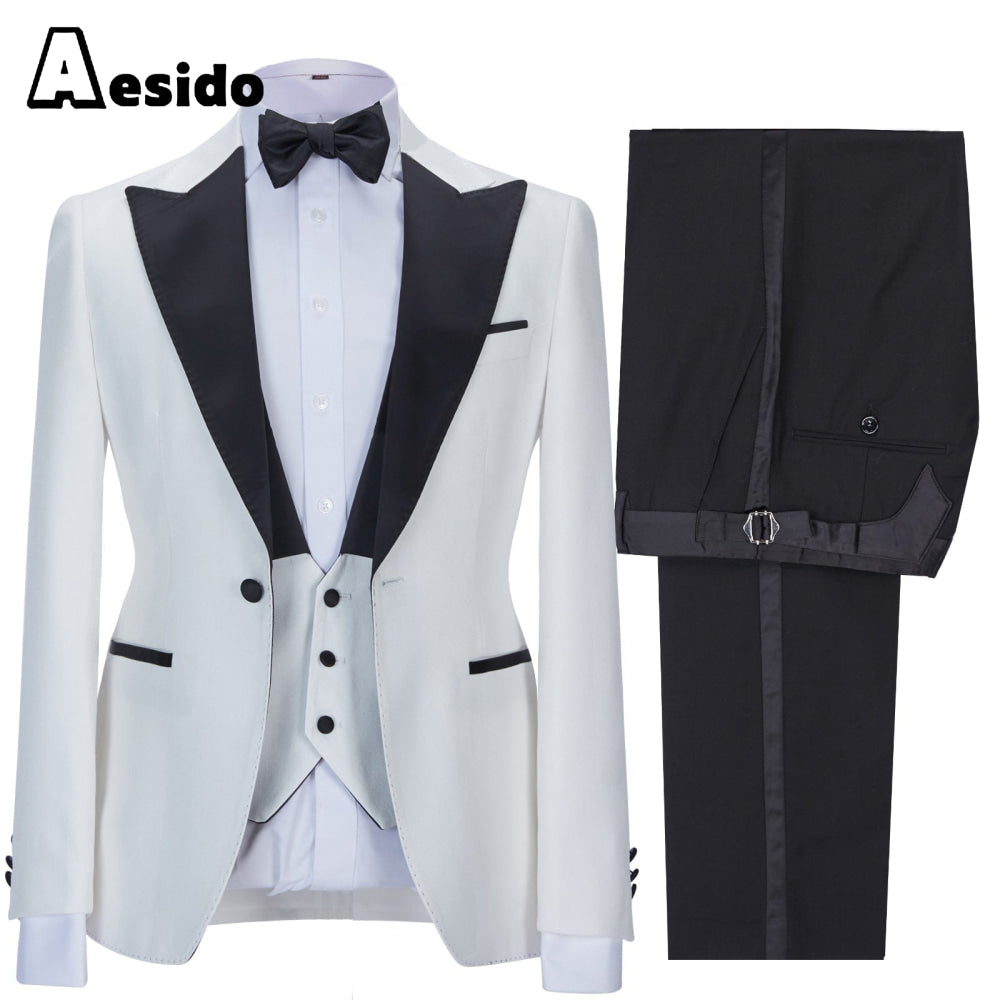 aesido 3 Pieces Peak Lapel Flat Mens Suit (Blazer+vest+Pants)