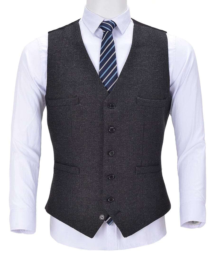 aesido Black Herringbone V Neck Waistcoat