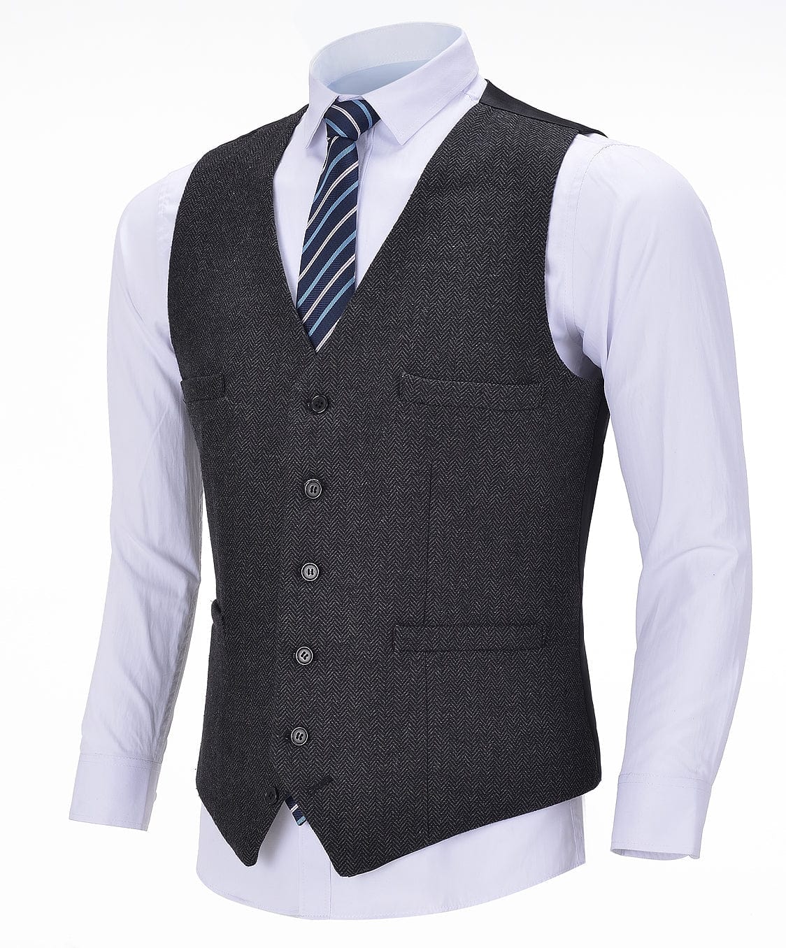 aesido Black Herringbone V Neck Waistcoat