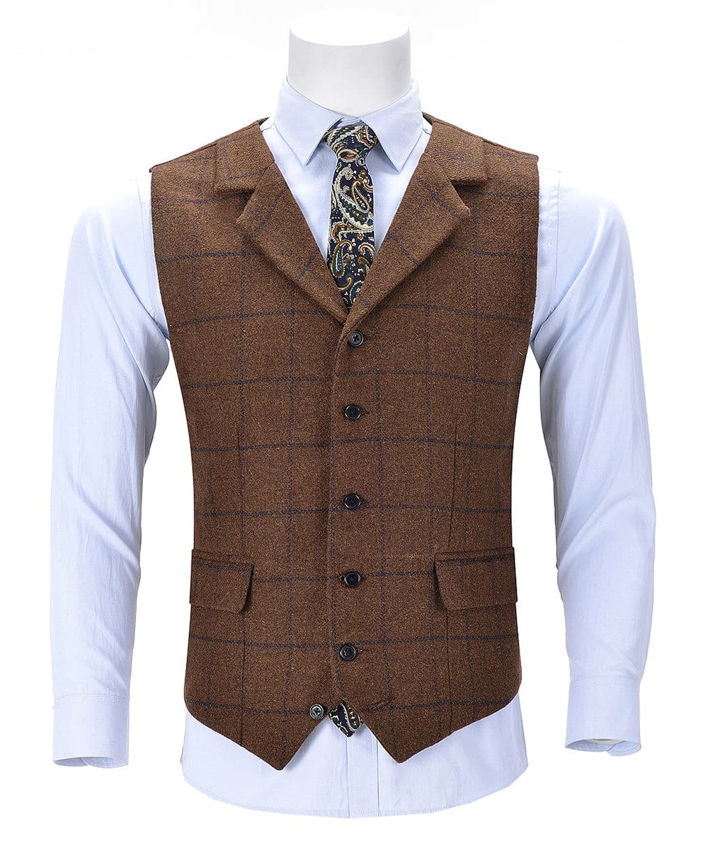 aesido Brown Formal Plaid Notch Lapel Waistcoat Slim Fit Suit Vest