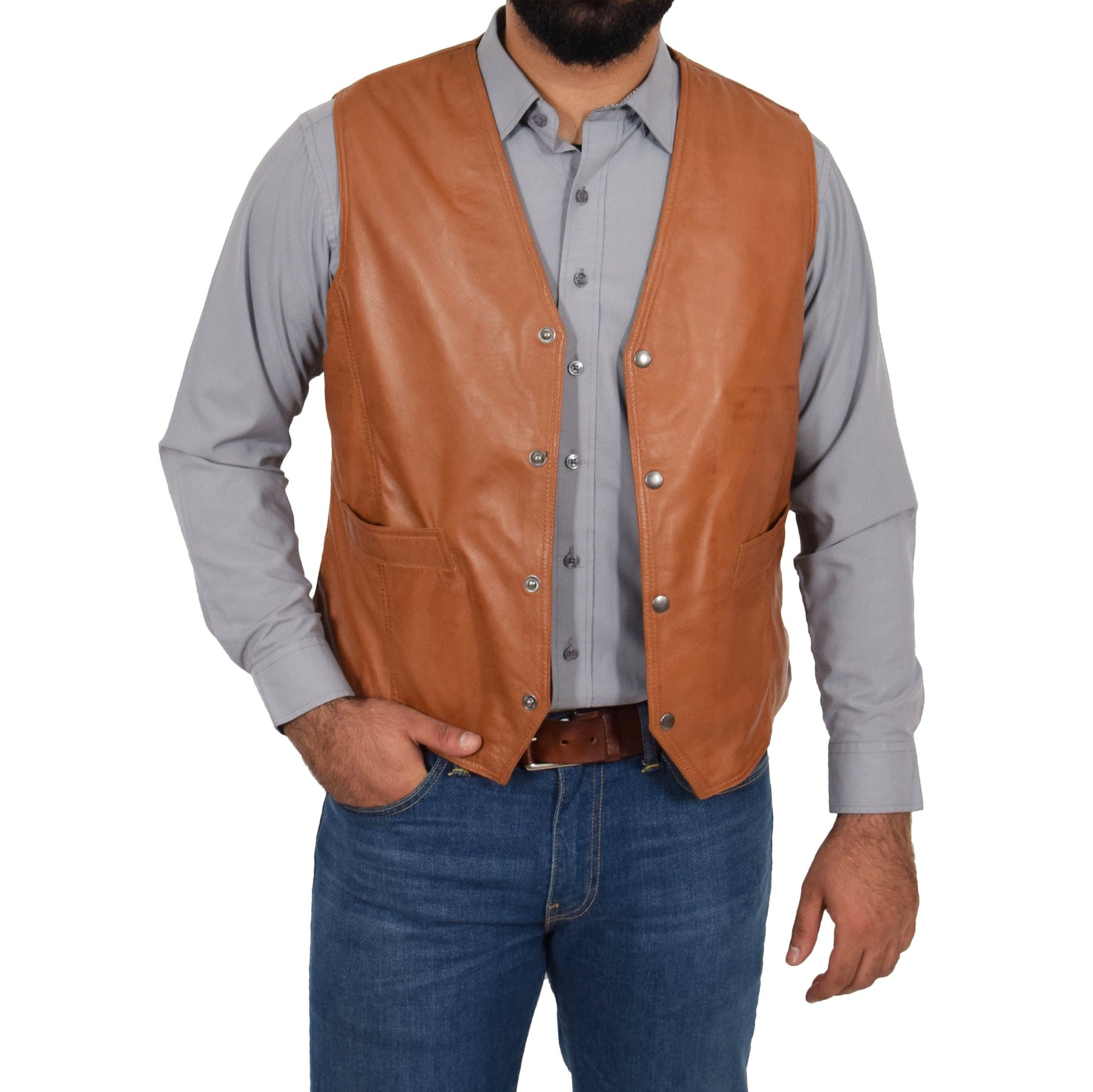 aesido Brown Men's Single Breasted V Neck Leather Vest