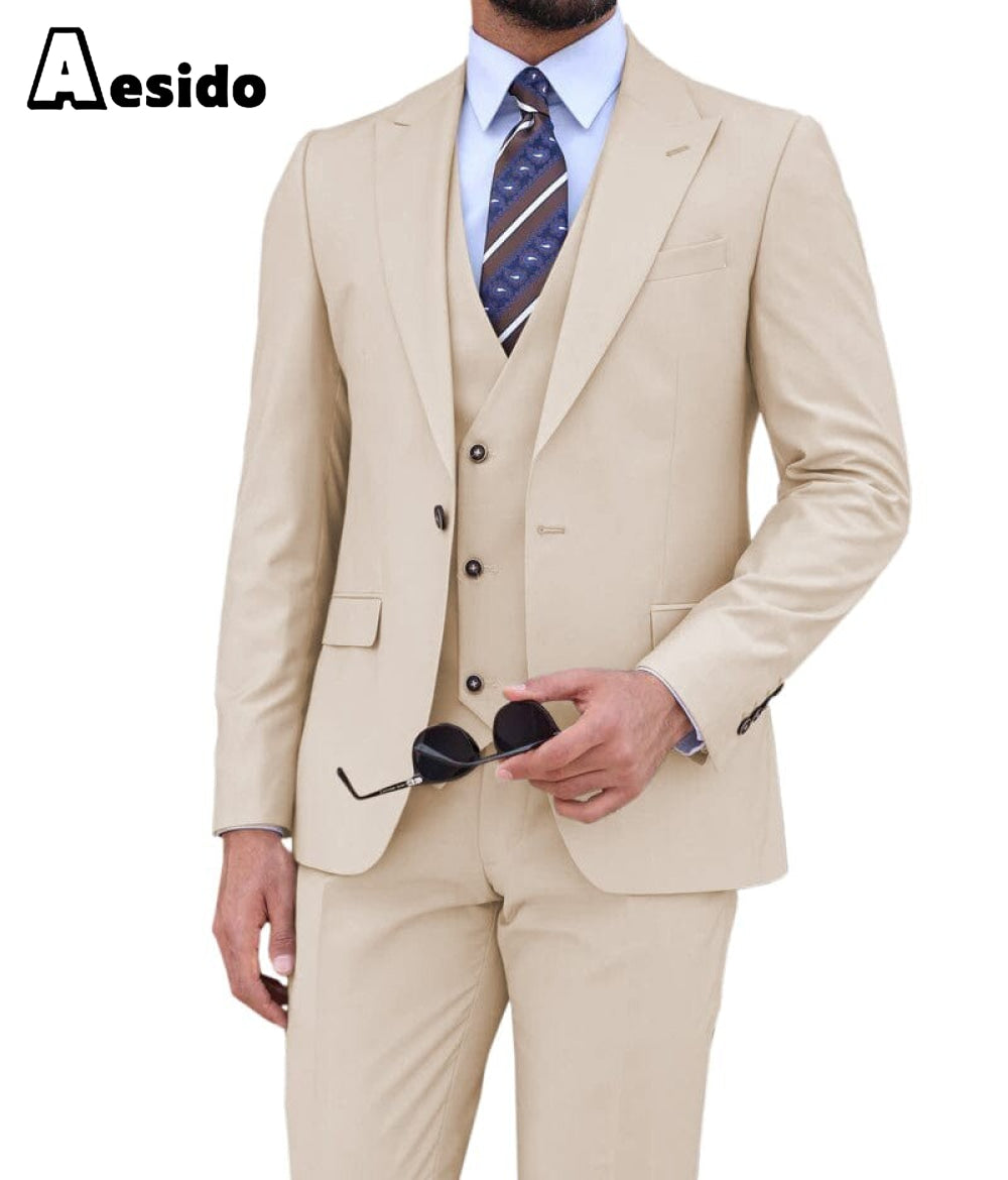 aesido Business Casual 3 Piece Beige Peak Lapel Men's Suit (Blazer+Vest+Pants)