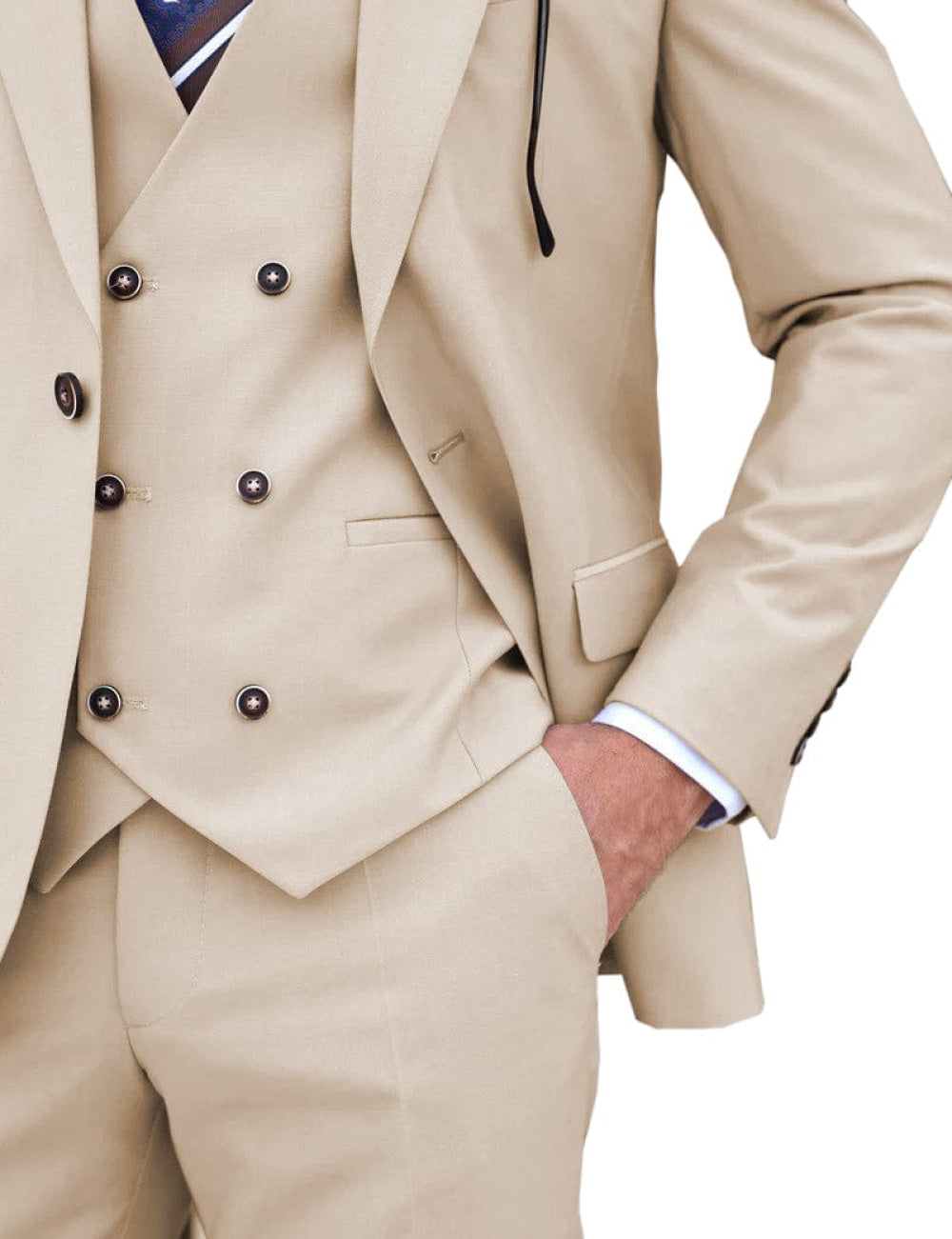 aesido Business Casual 3 Piece Beige Peak Lapel Men's Suit (Blazer+Vest+Pants)