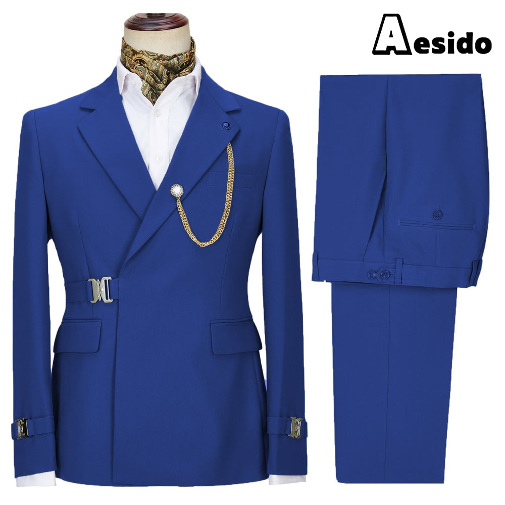 aesido Business Men's Suit 2 Pieces Notch Lapel Flat Blazer (Blazer + Pants)