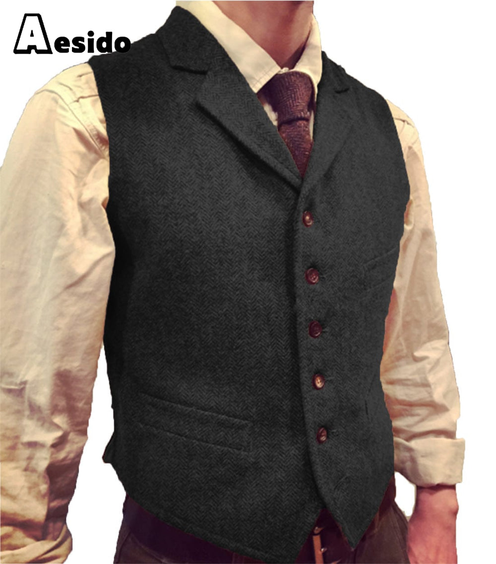 aesido Casual Men's Suit Vest Herringbone Notch Lapel Waistcoat