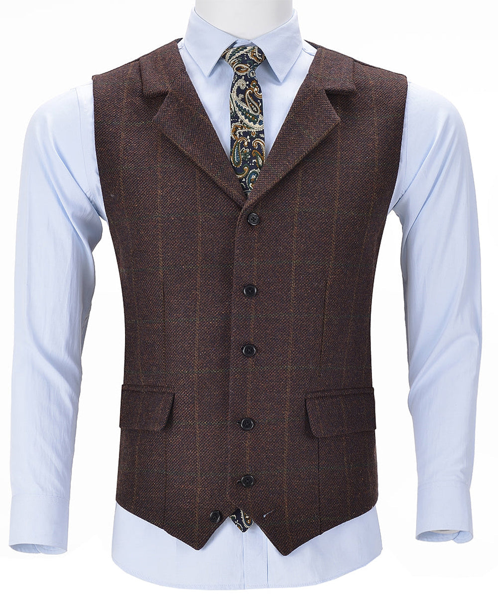 aesido Coffee Formal Plaid Notch Lapel Waistcoat Slim Fit Suit Vest