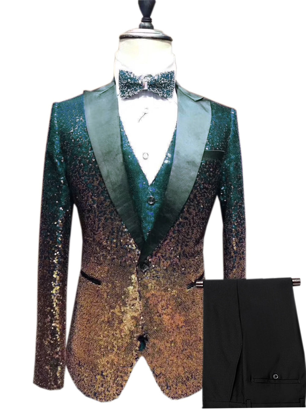 aesido Fashion Gradient Sequined Tuxedo Peak lapel Men's Suit (Blazer + Vest + Pants)