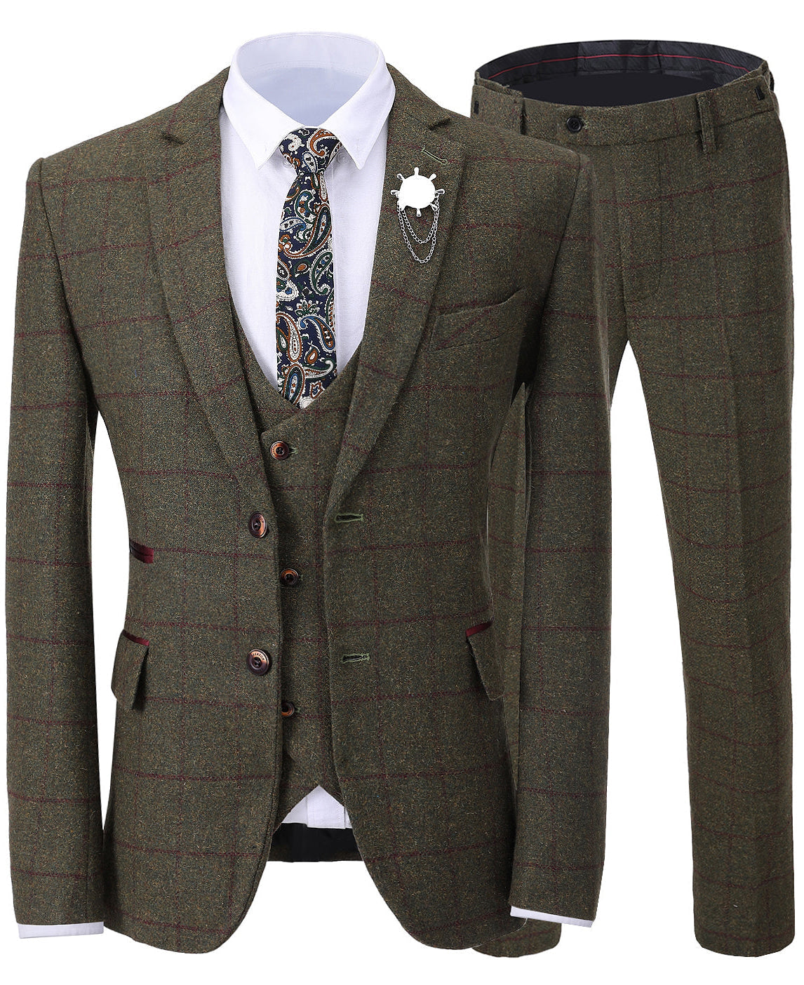 aesido Formal 3 Pieces Tweed Plaid Notch Lapel Mens Suit (Blazer+vest+Pants)