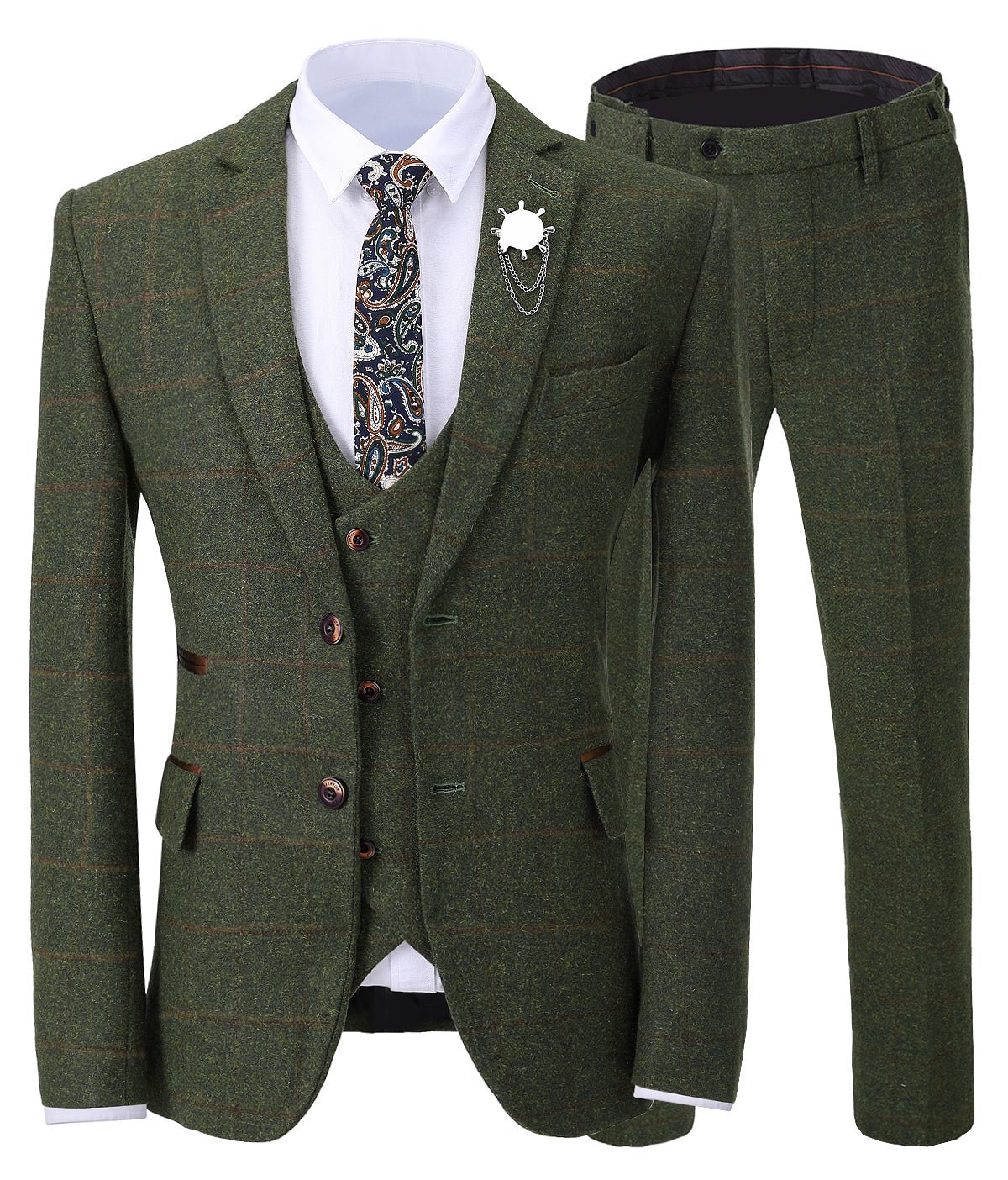 aesido Formal 3 Pieces Tweed Plaid Notch Lapel Mens Suit (Blazer+vest+Pants)