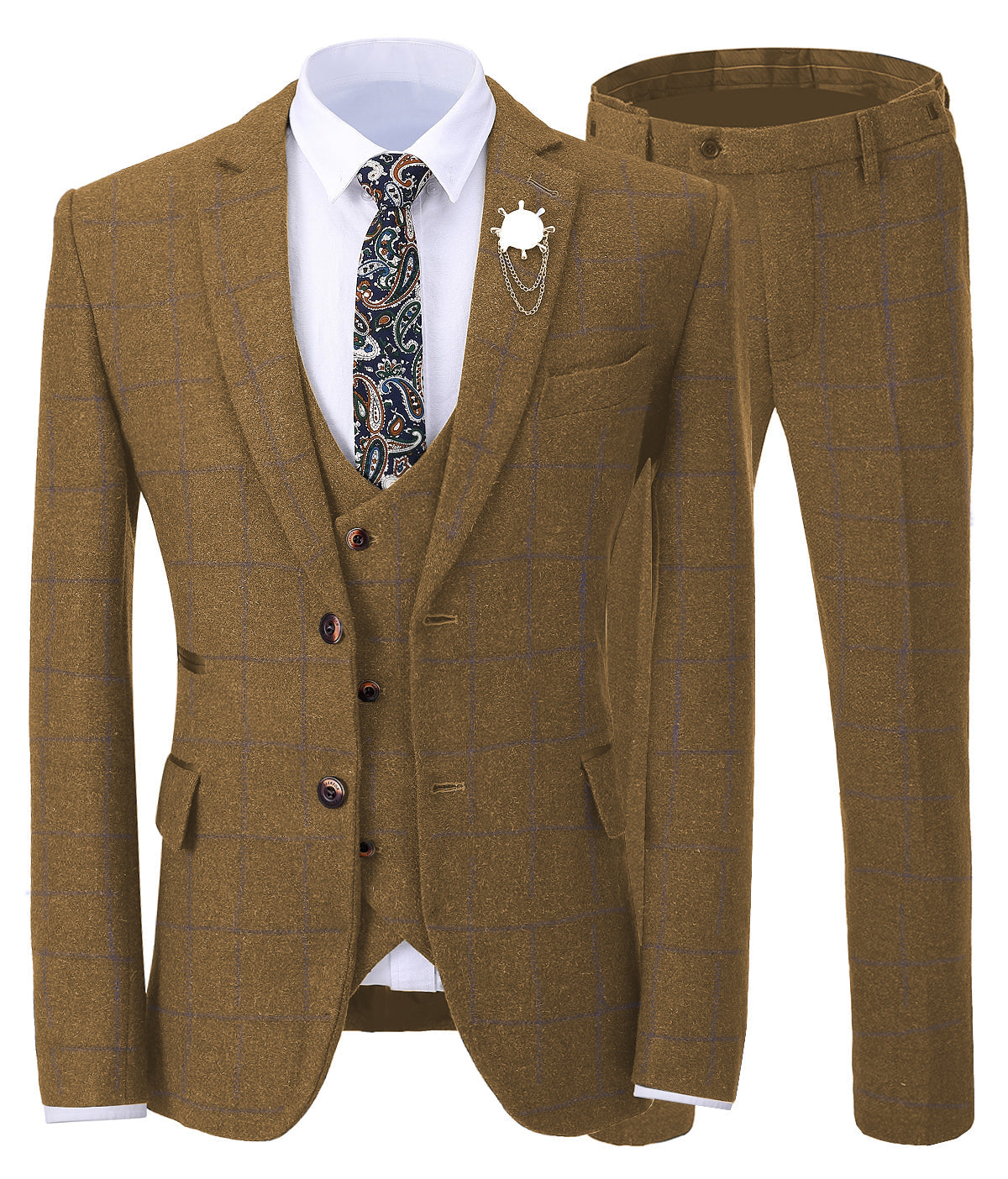 aesido Formal 3 Pieces Tweed Plaid Notch Lapel Mens Suit (Blazer+vest+Pants)