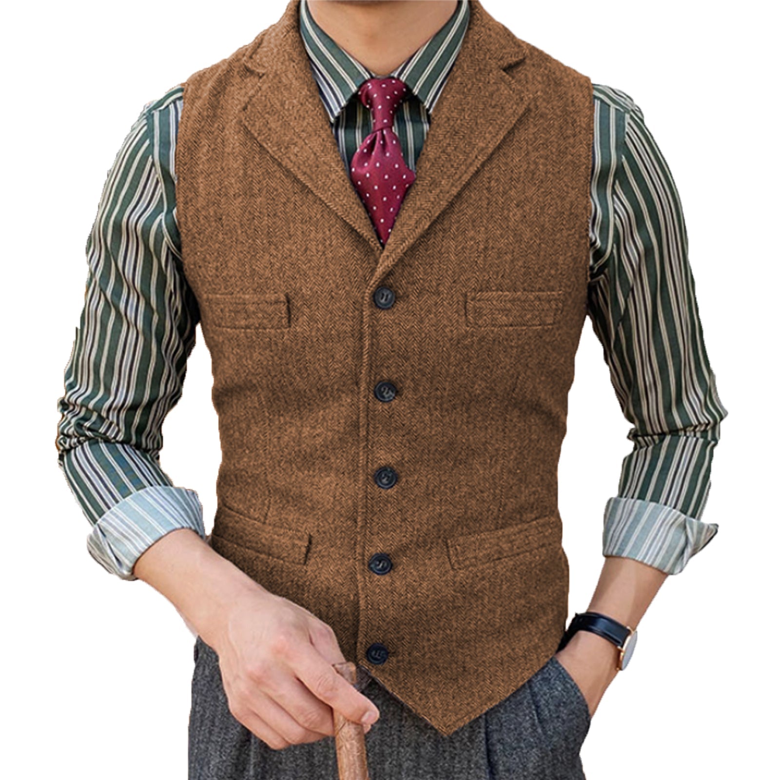 aesido Formal Men's Suit Vest Herringbone Notch Lapel Waistcoat