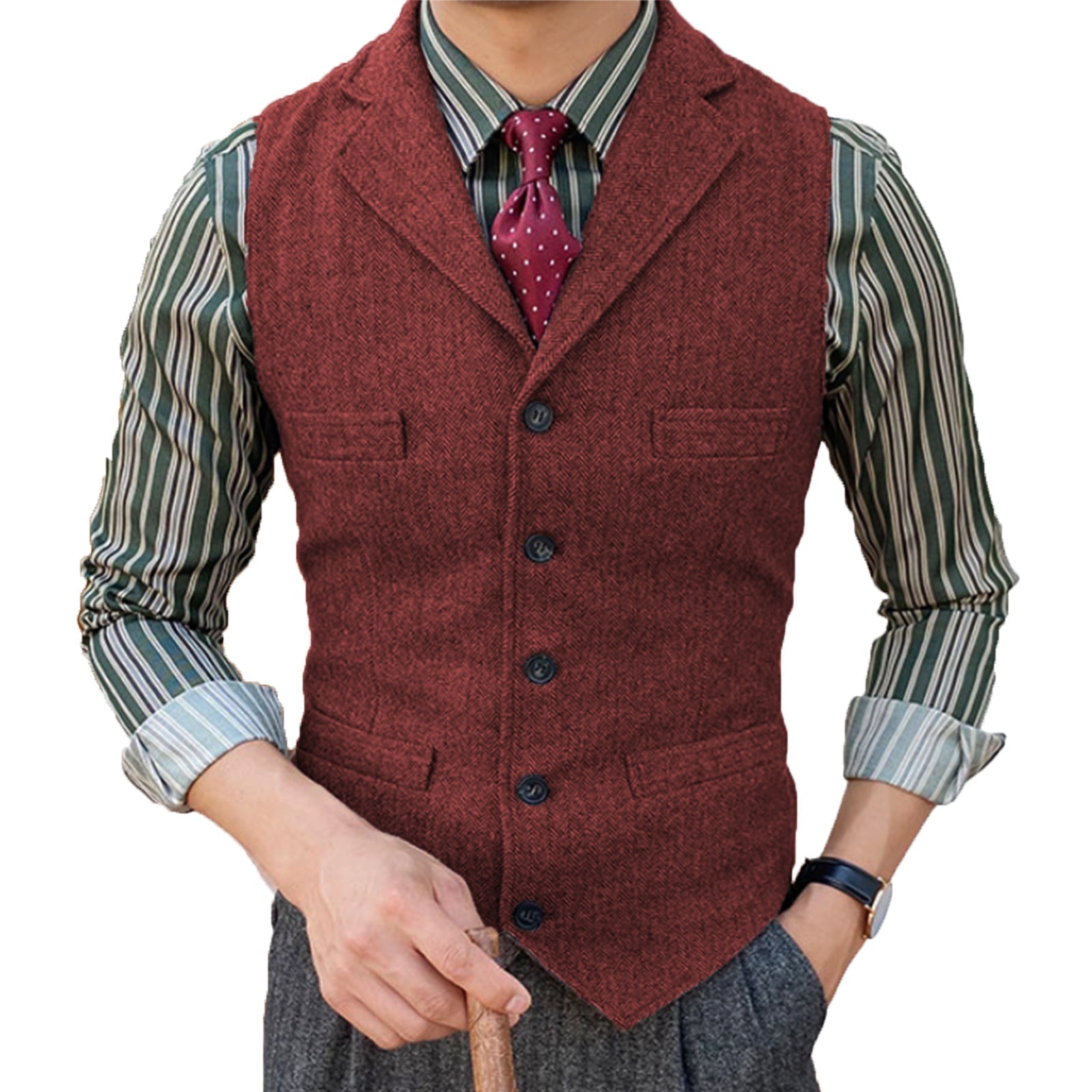 aesido Formal Men's Suit Vest Herringbone Notch Lapel Waistcoat