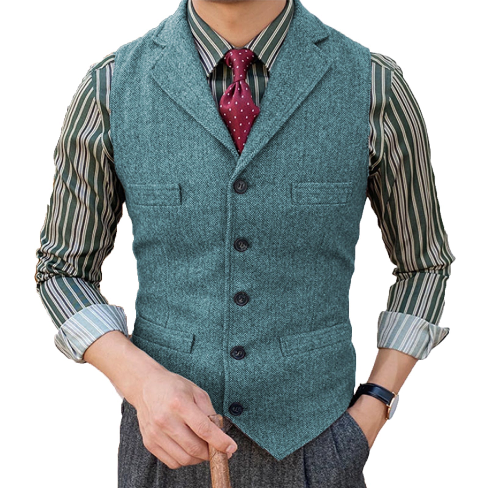 aesido Formal Men's Suit Vest Herringbone Notch Lapel Waistcoat