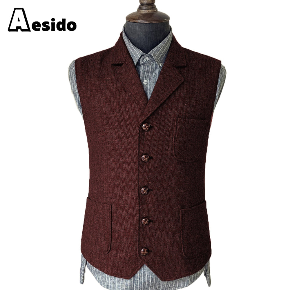 aesido Formal Men's Suit Vest Herringbone Notch Lapel Waistcoat