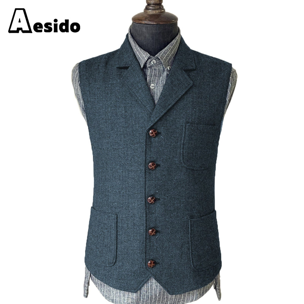 aesido Formal Men's Suit Vest Herringbone Notch Lapel Waistcoat