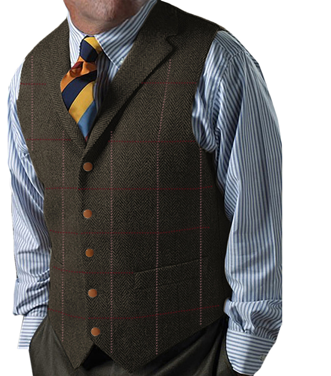 aesido Formal Men's Suit Vest Herringbone Plaid Notch Lapel Waistcoat for Wedding