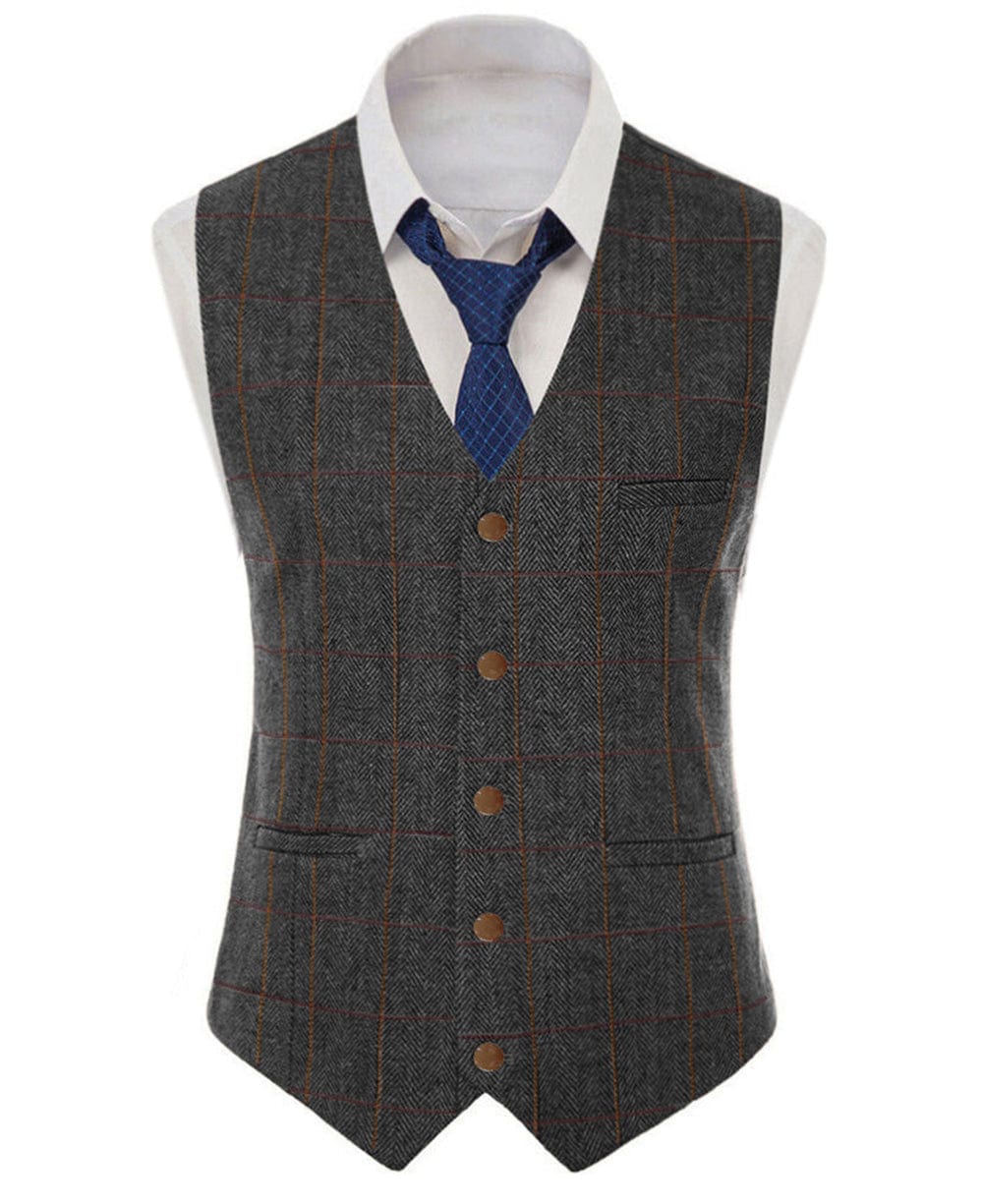 aesido Formal Men's Suit Vest Herringbone Plaid V Neck Waistcoat for Wedding