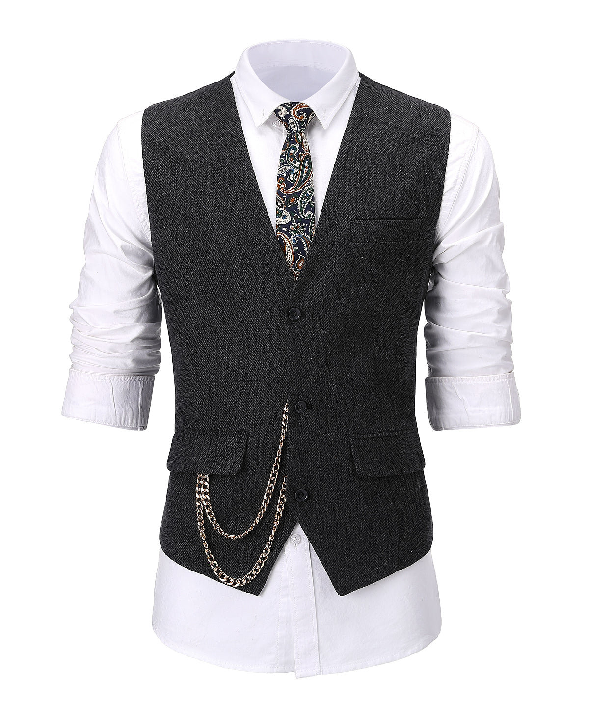 aesido Formal Men's Suit Vest Herringbone V Neck Waistcoat