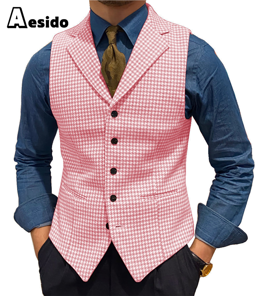 aesido Formal Men's Suit Vest Houndstooth Lapel Waistcoat