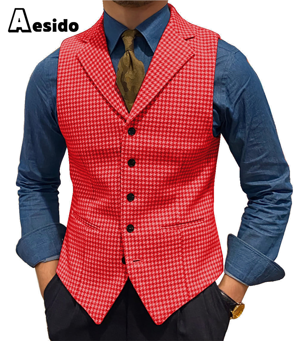 aesido Formal Men's Suit Vest Houndstooth Lapel Waistcoat