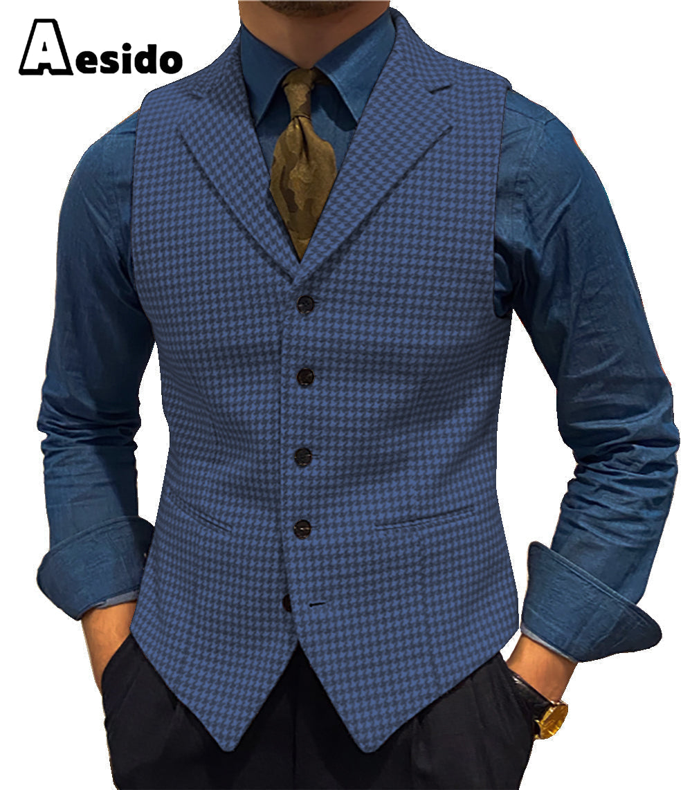 aesido Formal Men's Suit Vest Houndstooth Lapel Waistcoat